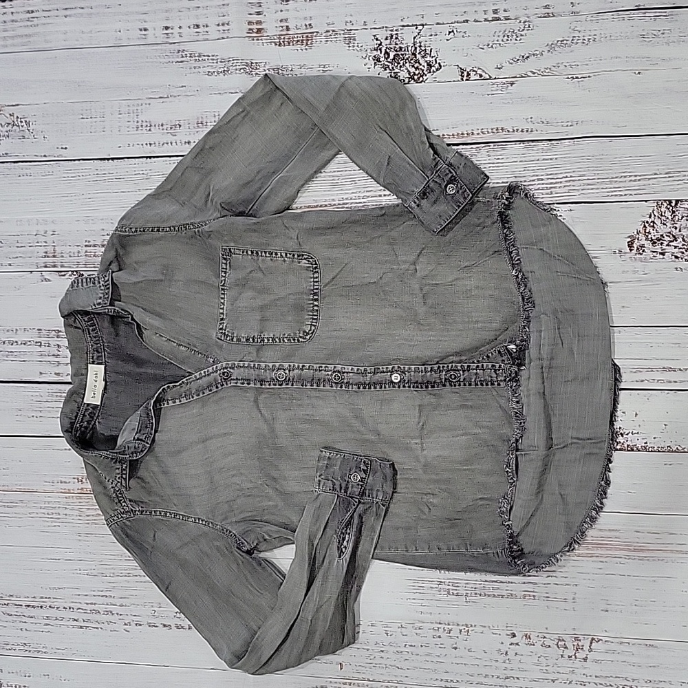 Bella Dahl Grey Button Down Shirt Tencel Lyocell Frayed Hem